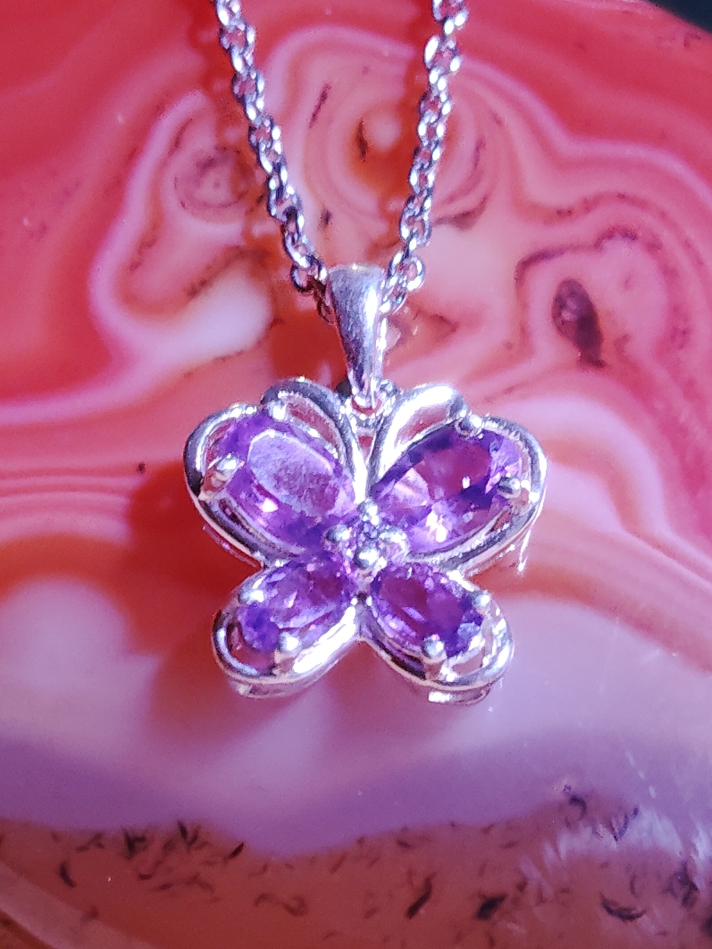 STERLING SILVER AMETHYST BUTTERFLY NECKLACE WITH- 20 In/16 Or 18 Chain. U CHOOSE